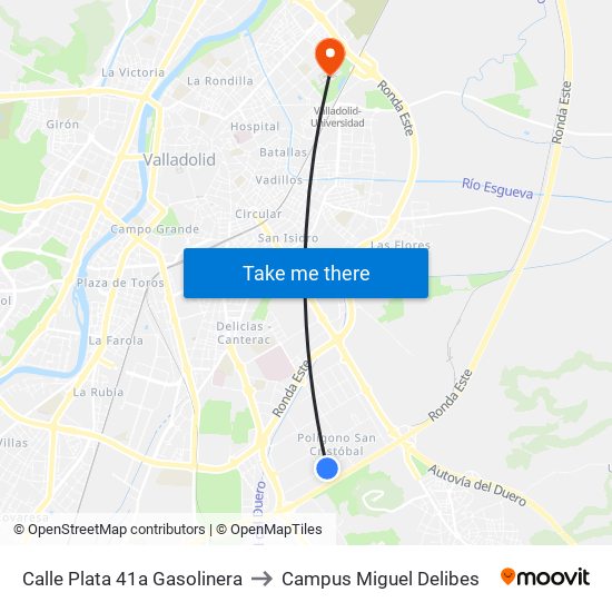 Calle Plata 41a Gasolinera to Campus Miguel Delibes map
