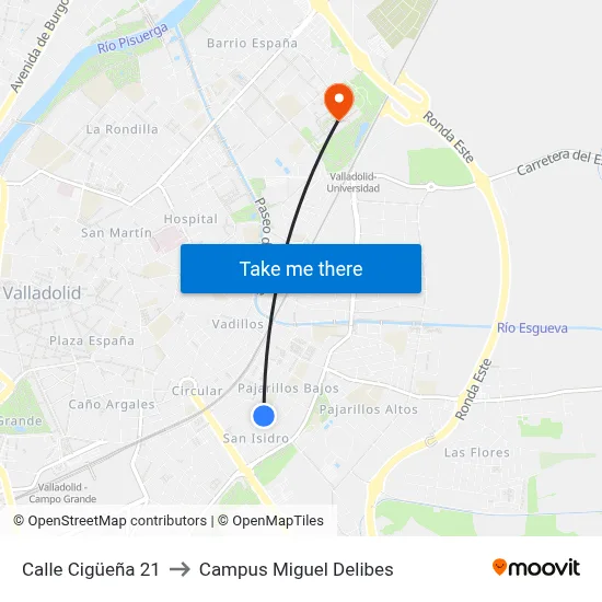 Calle Cigüeña 21 to Campus Miguel Delibes map