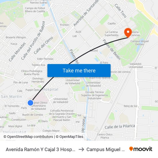 Avenida Ramón Y Cajal 3 Hospital Clínico to Campus Miguel Delibes map