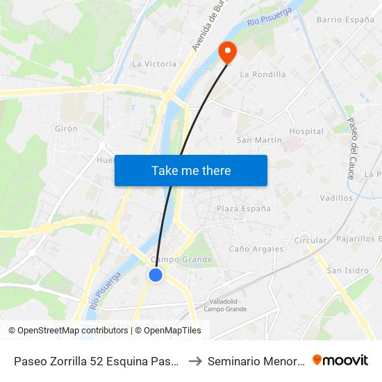 Paseo Zorrilla 52 Esquina Paseo Hospital Militar to Seminario Menor Diocesano map