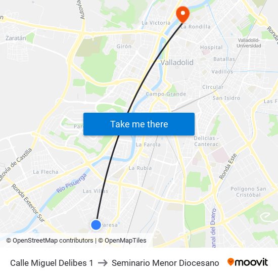 Calle Miguel Delibes 1 to Seminario Menor Diocesano map
