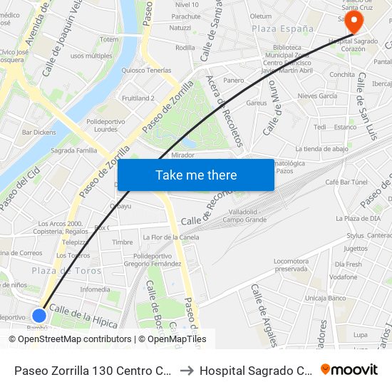 Paseo Zorrilla 130 Centro Comercial to Hospital Sagrado Corazón map