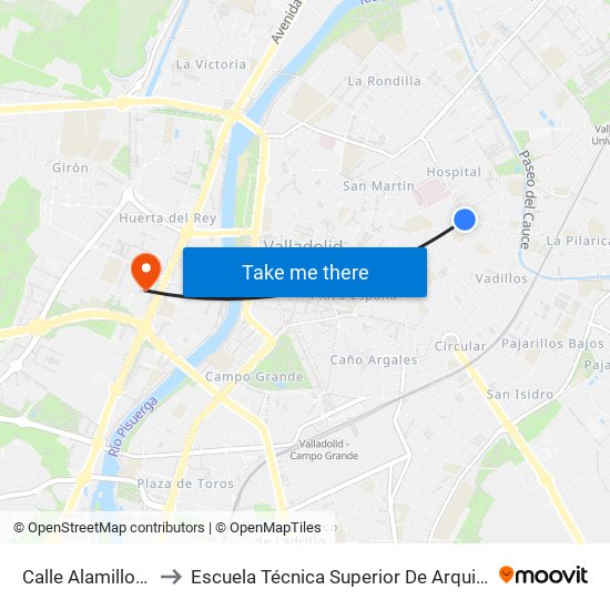 Calle Alamillos 11 to Escuela Técnica Superior De Arquitectura map
