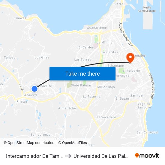 Intercambiador De Tamaraceite (Andén 1) to Universidad De Las Palmas De Gran Canaria map