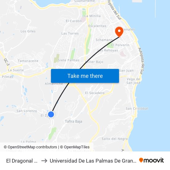 El Dragonal Bajo to Universidad De Las Palmas De Gran Canaria map