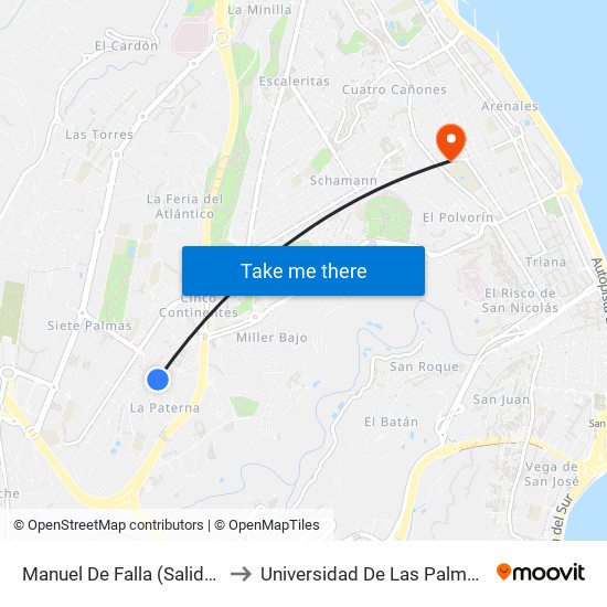 Manuel De Falla (Salida De La Paterna) to Universidad De Las Palmas De Gran Canaria map