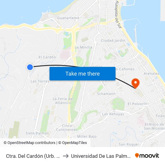 Ctra. Del Cardón (Urb. Díaz Casanovas) to Universidad De Las Palmas De Gran Canaria map