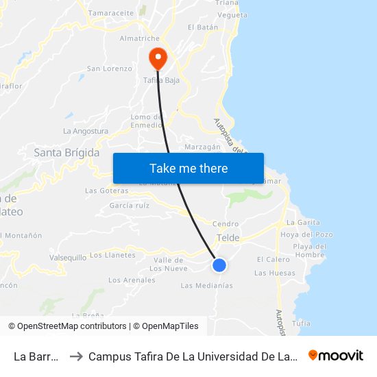 La Barranquera to Campus Tafira De La Universidad De Las Palmas De Gran Canaria map