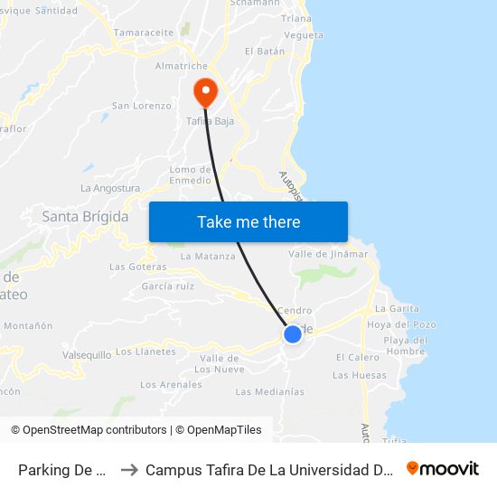 Parking De San Gregorio to Campus Tafira De La Universidad De Las Palmas De Gran Canaria map