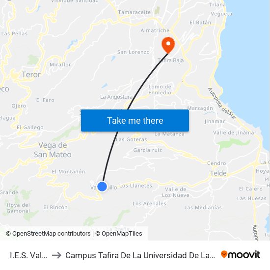 I.E.S. Valsequillo to Campus Tafira De La Universidad De Las Palmas De Gran Canaria map