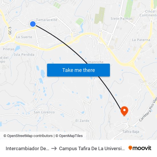 Intercambiador De Tamaraceite (Andén 2) to Campus Tafira De La Universidad De Las Palmas De Gran Canaria map