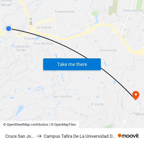 Cruce San José Del Álamo to Campus Tafira De La Universidad De Las Palmas De Gran Canaria map