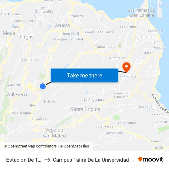 Estacion De Teror (Anden 4) to Campus Tafira De La Universidad De Las Palmas De Gran Canaria map