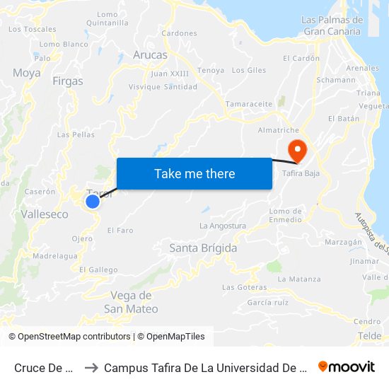 Cruce De San Mateo to Campus Tafira De La Universidad De Las Palmas De Gran Canaria map