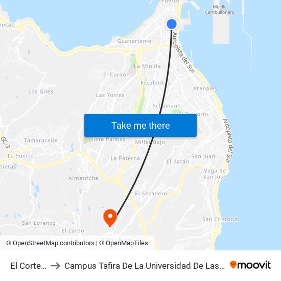 El Corte Inglés to Campus Tafira De La Universidad De Las Palmas De Gran Canaria map