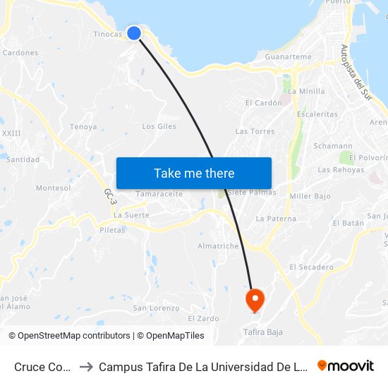 Cruce Costa Ayala to Campus Tafira De La Universidad De Las Palmas De Gran Canaria map