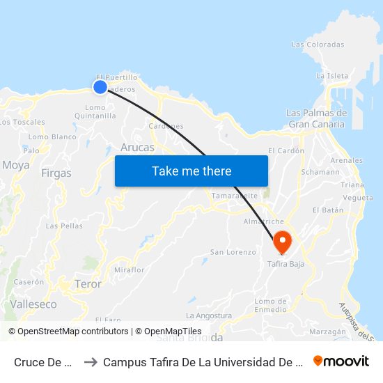 Cruce De Bañaderos to Campus Tafira De La Universidad De Las Palmas De Gran Canaria map