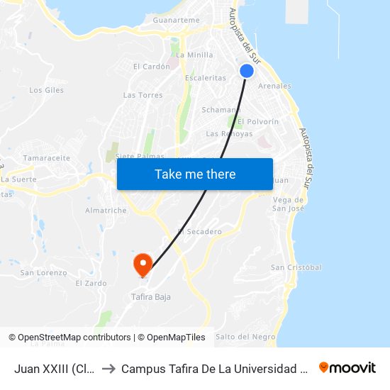 Juan XXIII (Clínica Del Pino) to Campus Tafira De La Universidad De Las Palmas De Gran Canaria map