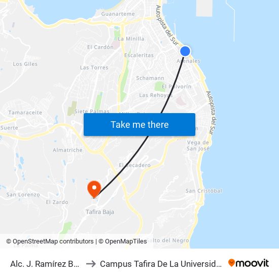 Alc. J. Ramírez Bethencourt (Carvajal) to Campus Tafira De La Universidad De Las Palmas De Gran Canaria map