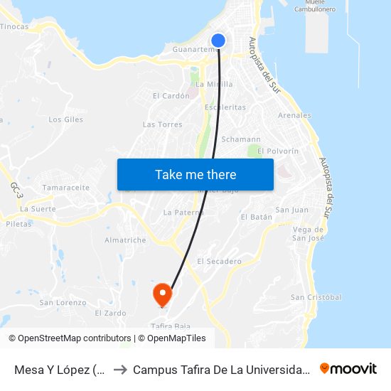 Mesa Y López (Madera Y Corcho) to Campus Tafira De La Universidad De Las Palmas De Gran Canaria map