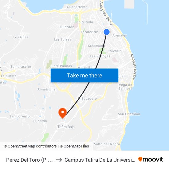 Pérez Del Toro (Pl. Dr. Juan Bosch Millares) to Campus Tafira De La Universidad De Las Palmas De Gran Canaria map