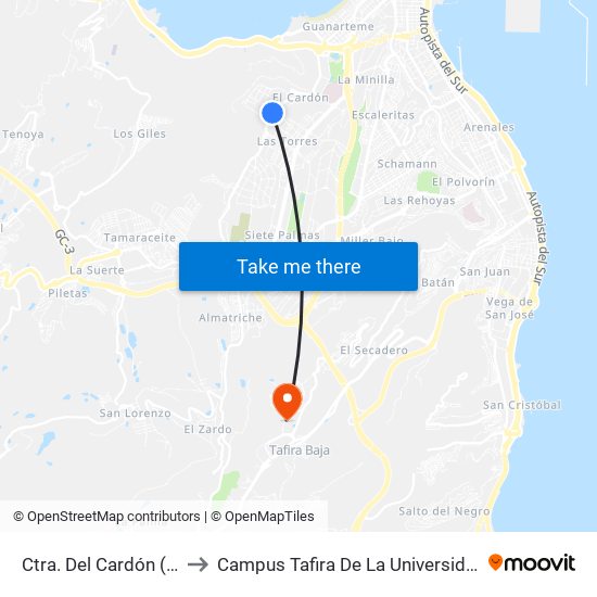Ctra. Del Cardón (Urb. Díaz Casanovas) to Campus Tafira De La Universidad De Las Palmas De Gran Canaria map