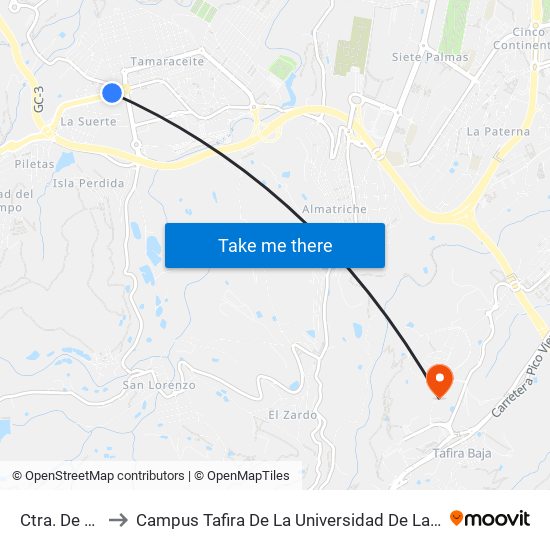 Ctra. De Teror, 16 to Campus Tafira De La Universidad De Las Palmas De Gran Canaria map
