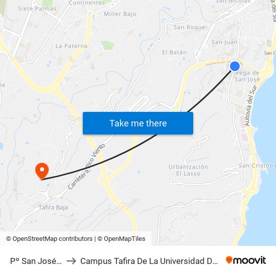 Pº San José, Frente 154 to Campus Tafira De La Universidad De Las Palmas De Gran Canaria map