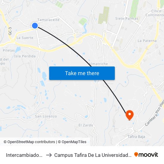 Intercambiador De Tamaraceite to Campus Tafira De La Universidad De Las Palmas De Gran Canaria map