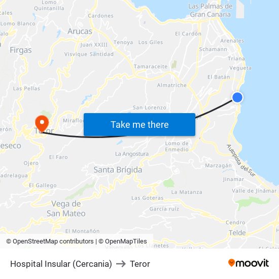 Hospital Insular (Cercania) to Teror map