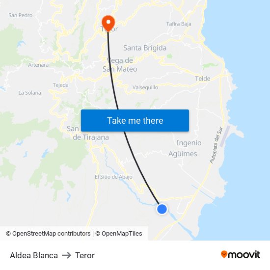 Aldea Blanca to Teror map