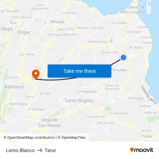 Lomo Blanco to Teror map