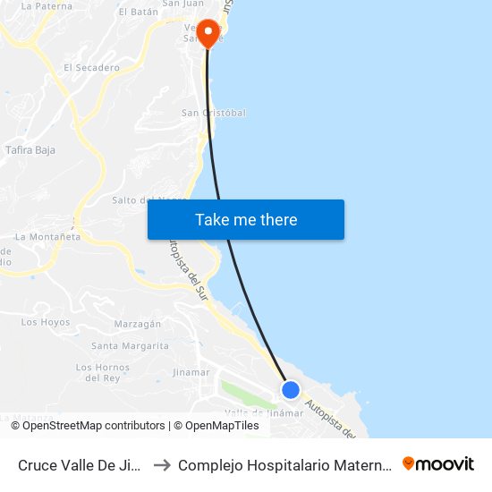Cruce Valle De Jinamar to Complejo Hospitalario Materno-Insular map