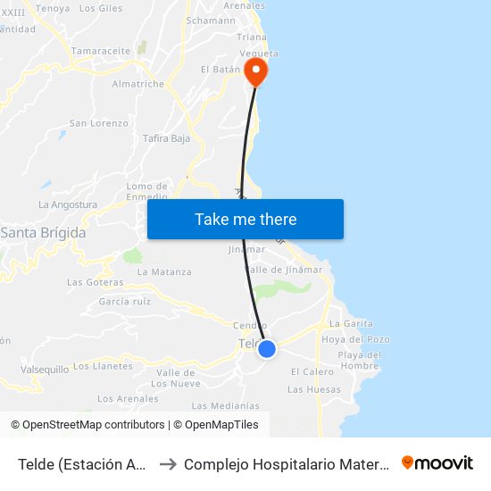 Telde (Estación Andén 1) to Complejo Hospitalario Materno-Insular map