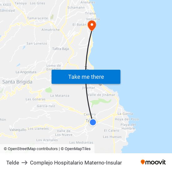 Telde to Complejo Hospitalario Materno-Insular map