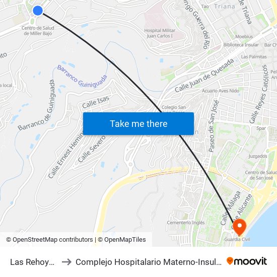 Las Rehoyas to Complejo Hospitalario Materno-Insular map