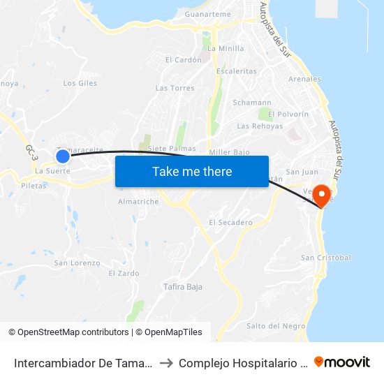 Intercambiador De Tamaraceite (Andén 1) to Complejo Hospitalario Materno-Insular map