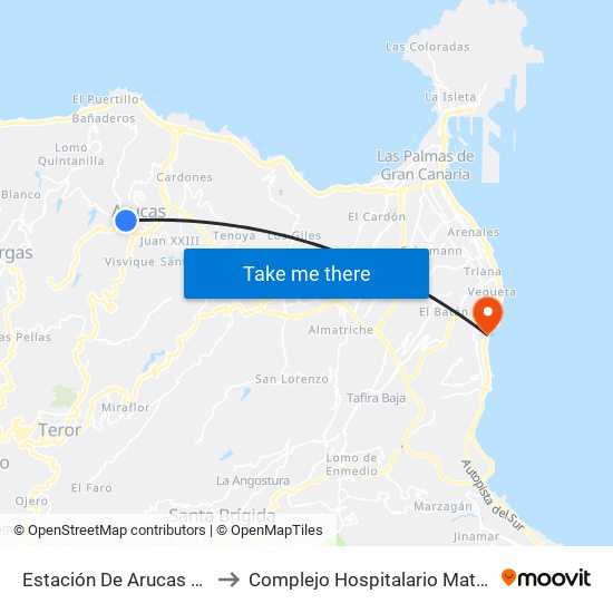 Estación De Arucas (Andén 1) to Complejo Hospitalario Materno-Insular map