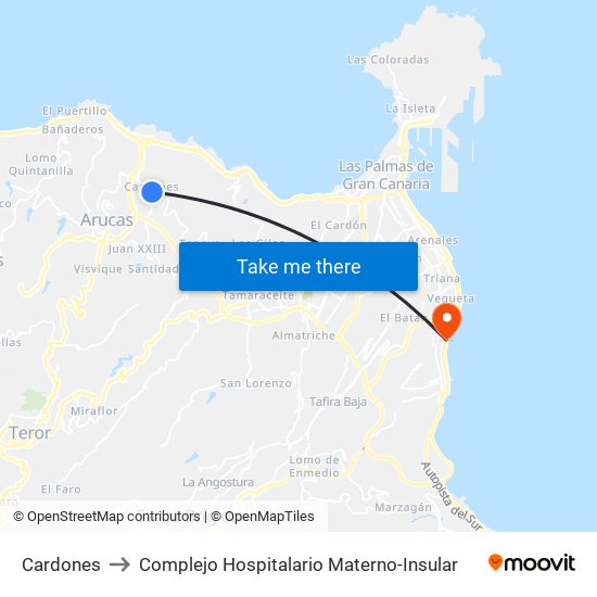 Cardones to Complejo Hospitalario Materno-Insular map