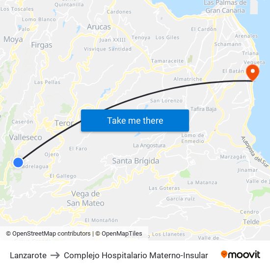Lanzarote to Complejo Hospitalario Materno-Insular map