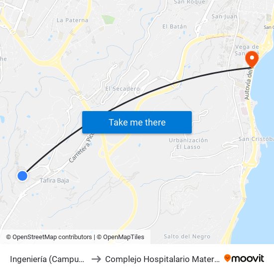 Ingeniería (Campus Tafira) to Complejo Hospitalario Materno-Insular map