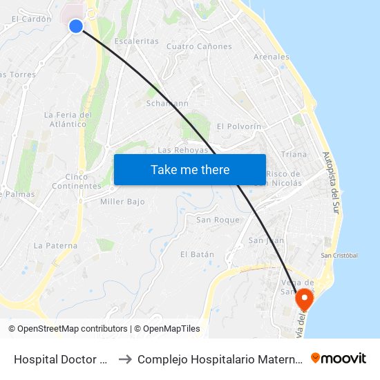 Hospital Doctor Negrín to Complejo Hospitalario Materno-Insular map