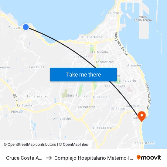 Cruce Costa Ayala to Complejo Hospitalario Materno-Insular map