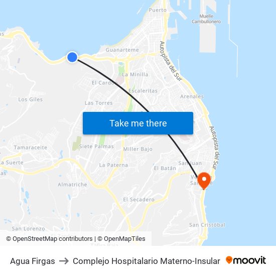 Agua Firgas to Complejo Hospitalario Materno-Insular map