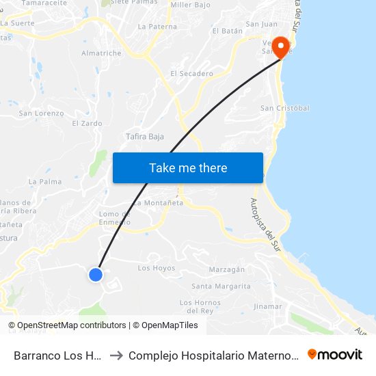 Barranco Los Hoyos to Complejo Hospitalario Materno-Insular map