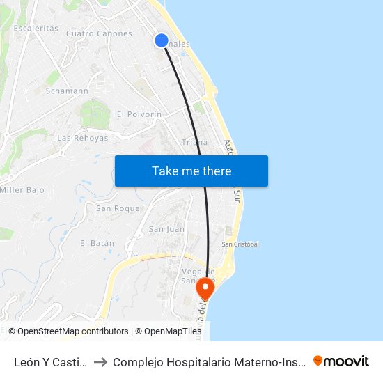 León Y Castillo to Complejo Hospitalario Materno-Insular map