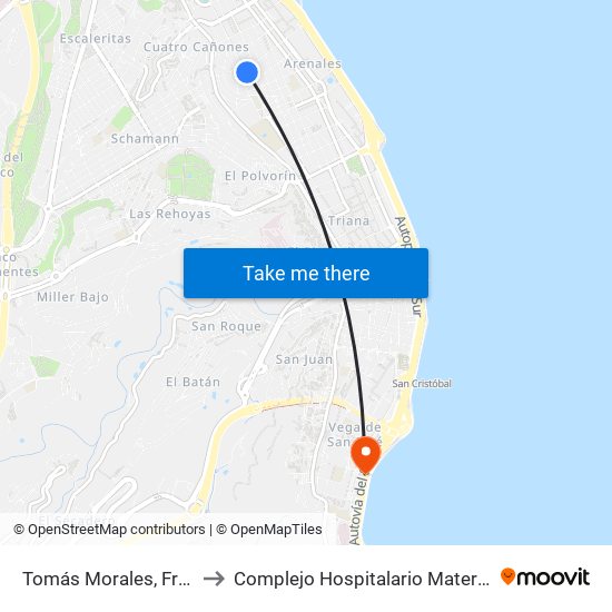 Tomás Morales, Frente 69 to Complejo Hospitalario Materno-Insular map