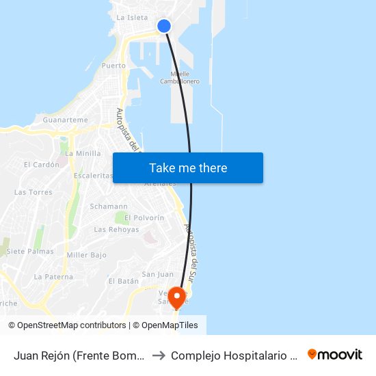 Juan Rejón (Frente Bomberos La Isleta) to Complejo Hospitalario Materno-Insular map