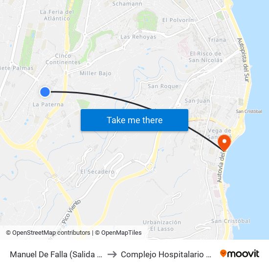Manuel De Falla (Salida De La Paterna) to Complejo Hospitalario Materno-Insular map