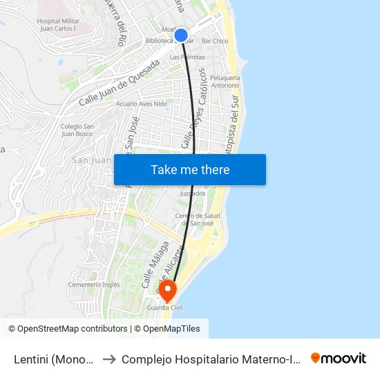 Lentini (Monopol) to Complejo Hospitalario Materno-Insular map